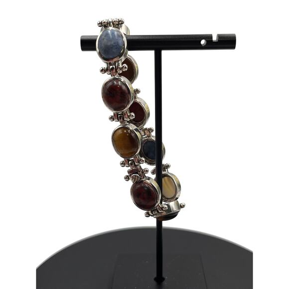 Sterling Silver Vintage Oval Stone Sodalite, Tigers Eye, Agate, Jasper Bracelet - Picture 4 of 9